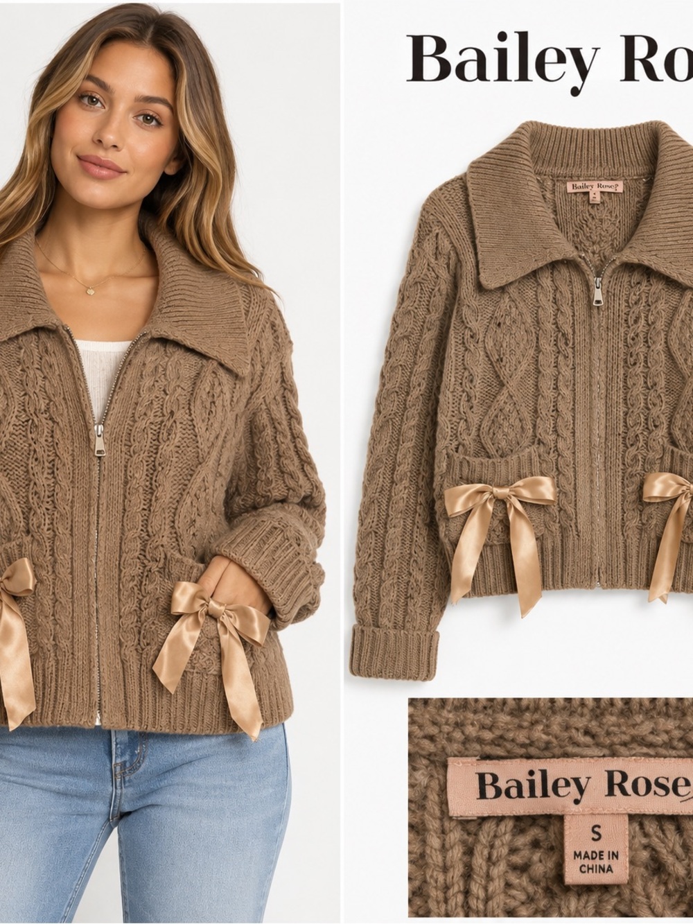 Cable-Knit Zip Cardigan with Satin Pocket Bows - Brown